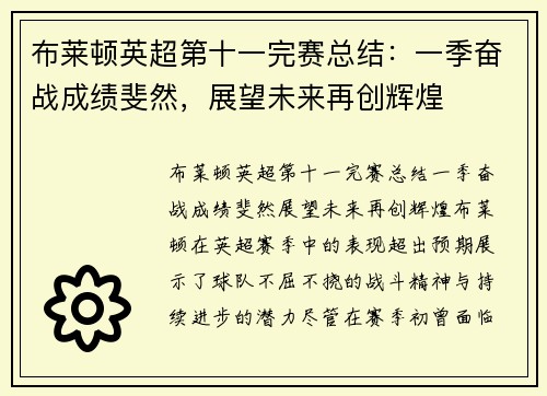 布莱顿英超第十一完赛总结:一季奋战成绩斐然,展望未来再创辉煌 布莱顿英超第十一完赛总结:一季奋战成绩斐然,展望未来再创辉煌